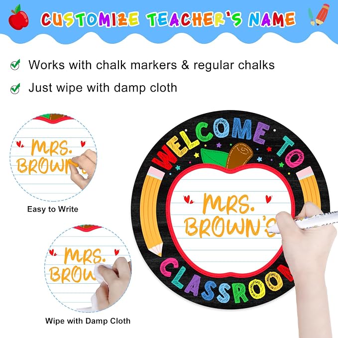 WaaHome Teacher Door Sign Personalized Teacher Name Sign for Classroom 11.3" Welcome Signs for Classroom Decorations, Back to School Classroom Door Hanger for Elementary Teachers Supplies