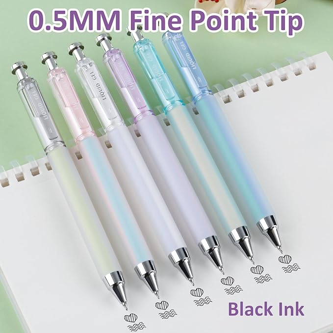 FIOVER Gel Pens, 6 Pcs 0.5mm Quick Dry Black Ink Pens, Fine Point Smooth Writing Pens, Retractable with Silicone Grip, High-End Cute Aesthetic Office School Supplies, Gifts for Women Men (6pcs black)