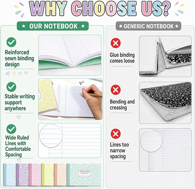 36 Pack Half Size Composition Notebooks Wide Ruled Marble Journal, Pastel