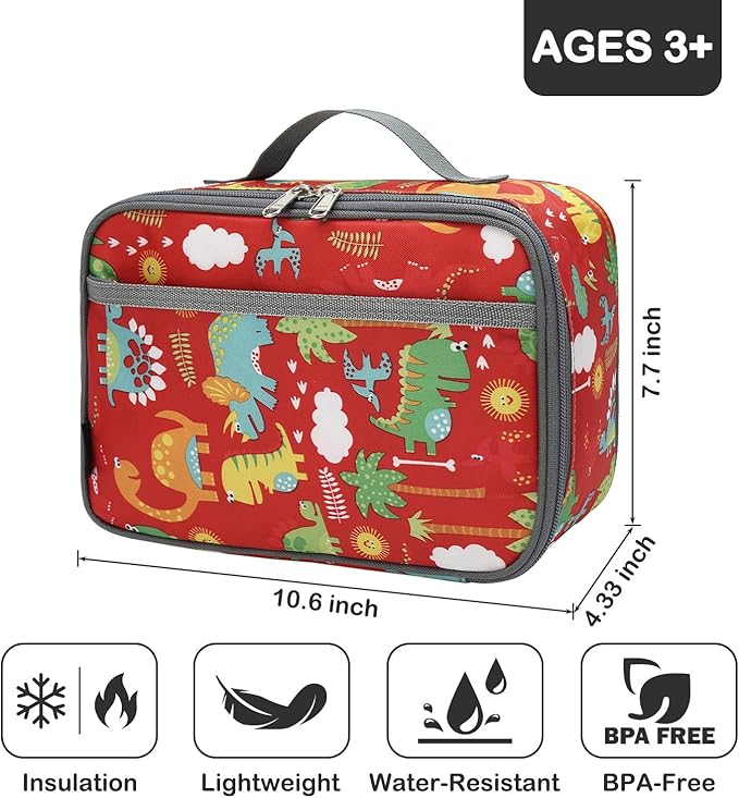 FlowFly Kids Lunch box Insulated Soft Bag Mini Cooler Back to School Thermal Meal Tote Kit for Girls, Boys,Dinosaur&Coconut