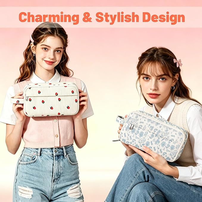 Cute Corduroy Pencil Case with Handle, Extra Large 4 Compartment Multiple Pockets Aesthetic Pencil Pouch Organizer for Teen Girls, School & College Supplies (Cherry)