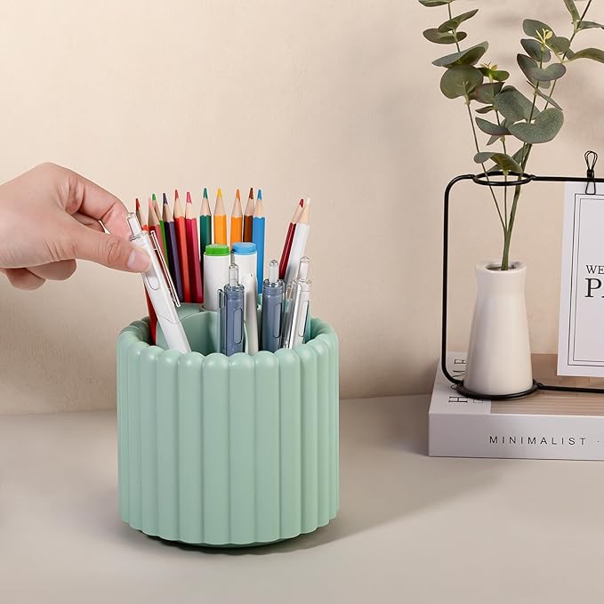 Anyoifax 360° Rotating Pen Holder 8 Slots Desk Organizer with Drawer Removable Pencil Cup Plastic Art Supplies and Accessories Desktop Storage Box Caddy for Office, School, Home (Pink)