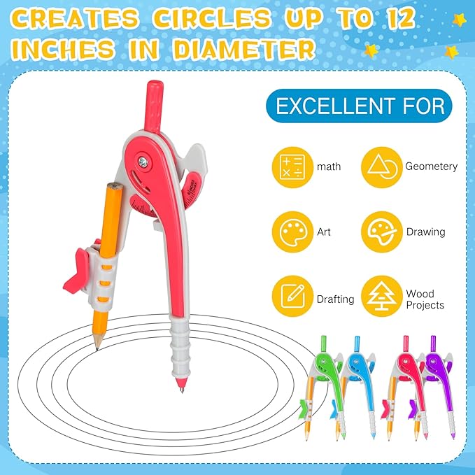 Zonon 15 Pcs Math Geometry Compasses Classroom Set, Bulk Bright Colored Plastic Drawing Compass with Pencils and Safe Tip, Back to School Teacher Supplies for Kids Basic Drafting