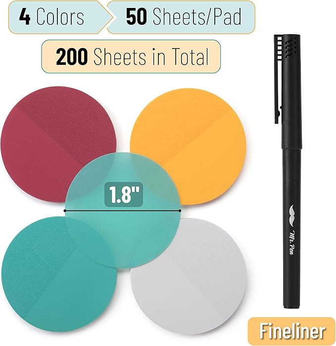 Mr. Pen- Round Transparent Sticky Notes, 1.8”, 4 Pads with Black Fineliner, 200 Sheets, Smooth Writing, Water-Resistant, Clean Removal, Easy-Peel Sticky Notes for Bible Journaling & Planning