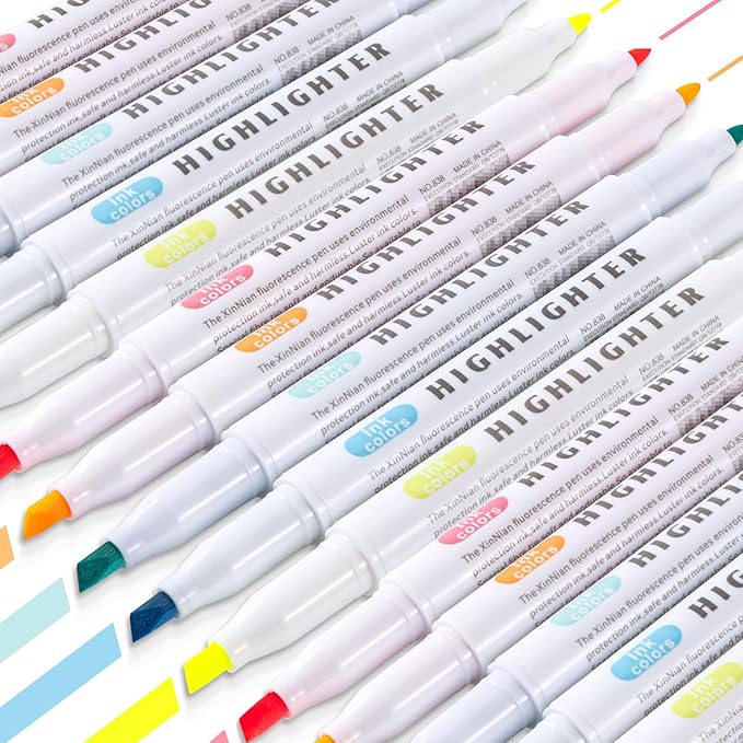 30 Count Dual-Tip Highlighters, 5 Pastel Colors Fine & Bold Tip, Quick-Dry Non-Bleeding Highlighter Markers for Bible Journaling,School,Office,Notes (5 colors*6pcs highlighters)