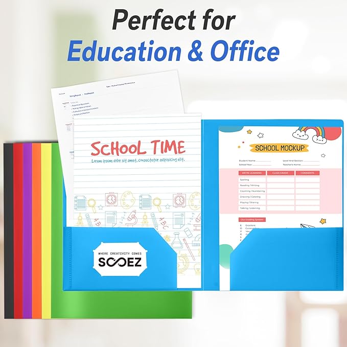 Sooez 7 Pack Folders with Pockets, 2 Pocket Folders with Extra Labels, Plastic Folder with Pockets, Heavy Duty File Folder Bulk, School Business Office Filing Supplies
