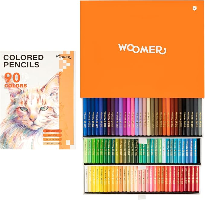 Woomer Colored Pencils: 90 Colors, 3.8mm Soft Core, Smooth as Cream, Lightfast Rating Marked on Every Pencil, Not Easy to Break, Open Inventory, Slide-Out Drawer Case