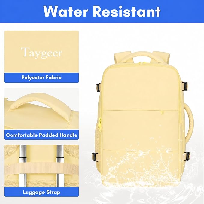 Taygeer 35L Personal Item Travel Backpack for Women, Carry on Backpack | Airline Approved Travel Bag, Laptop Bag with Water Bottle Pocket & Shoe Pouch, Mochila for College Weekender, Beige Yellow