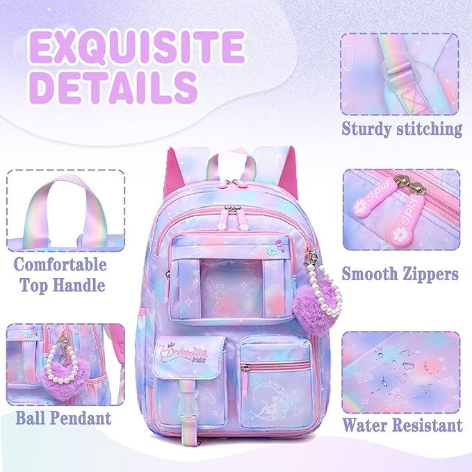 Alrisg Girls Backpack for Kids Elementary Middle School Cute Student Bookbag School Bag Purple