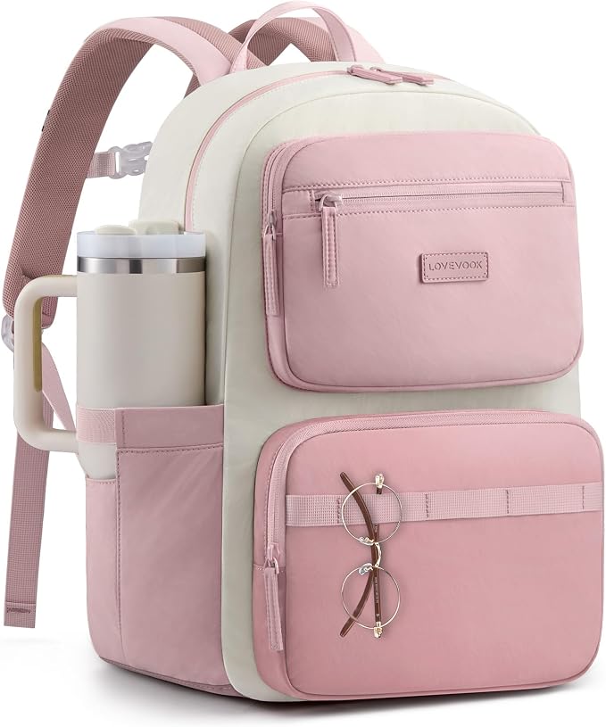 LOVEVOOK School Backpack for Teen Girls & Women,Laptop Backpack with Water Bottle Holder,Lightweight Work College Bookbag,Student Backpack for Middle High School,Pink
