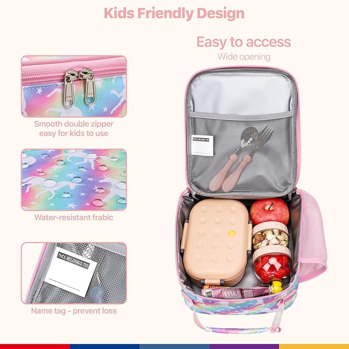 Bagseri Kids Lunch Box for Girls - Insulated Toddler Lunch Bag Fits Bento Box, Reusable Daycare Cooler Tote with Clip Handle, Water-Resistant Lining, Rainbow Unicorn