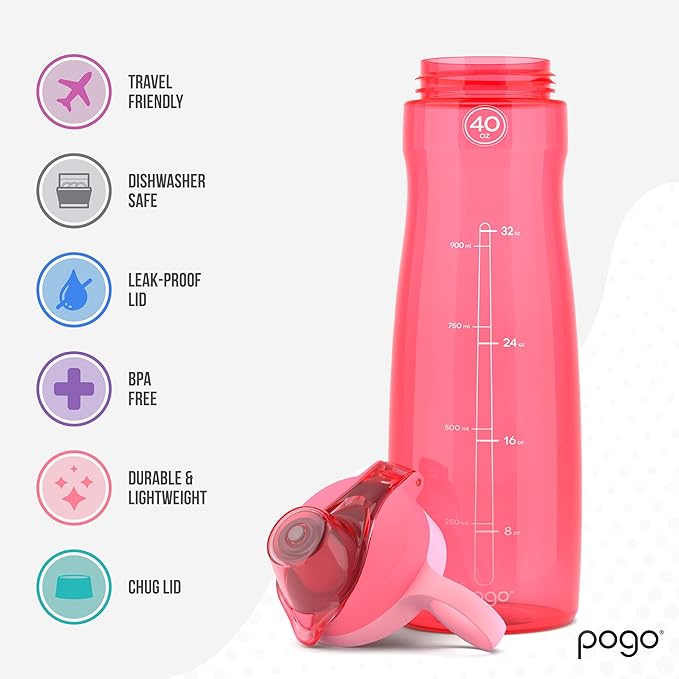 Pogo BPA-Free Plastic Water Bottle with Chug Lid, Pink, 40 oz.