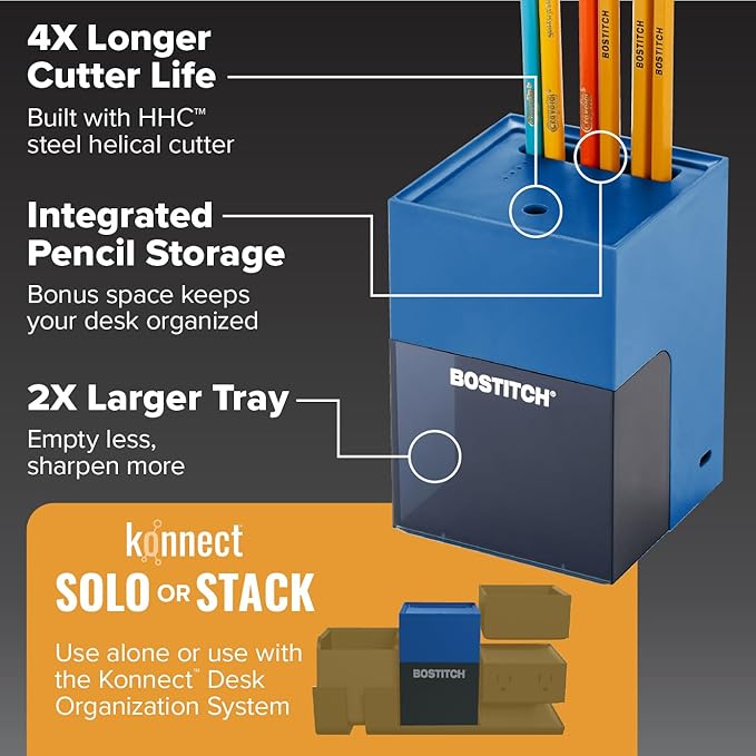 Bostitch Konnect Rechargeable Pencil Sharpener (USB-C), Auto-Stop Helical Cutter, Portable Electric Sharpener for No.2/Colored Pencils, Home, Office, Classroom, Blue