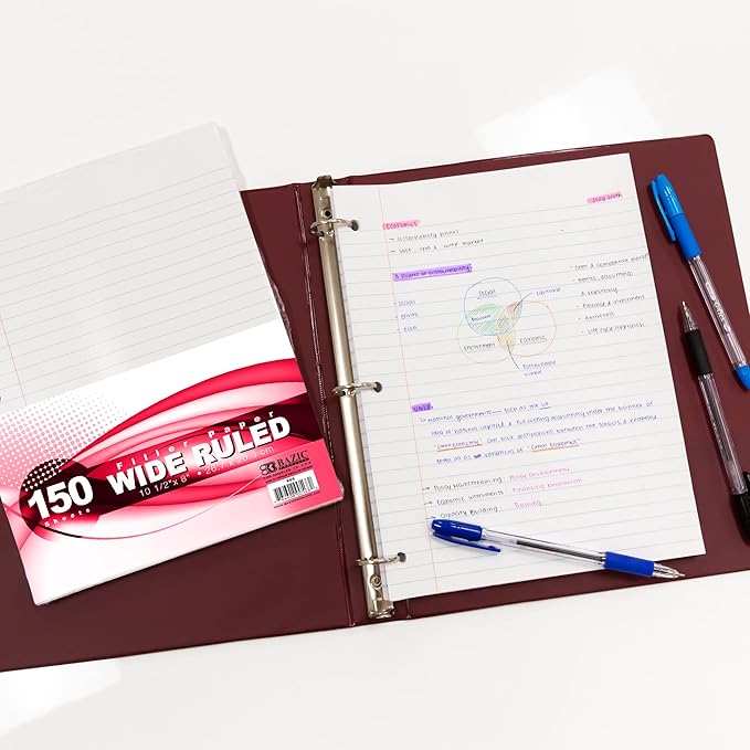 BAZIC Products Filler Paper Loose Leaf Papers 150 ?Sheet, Wide Ruled 3 Hole Punched for Ring Binders, for Office School Student Writing, 2-Pack