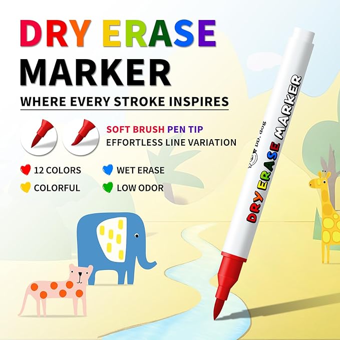 Brush Tip Dry Erase Markers for Kids, 12 Colored Non-Toxic Whiteboard Markers, Low-Odor White board Markers Set for Classroom, Home & School Art Supplies (12 Pack)