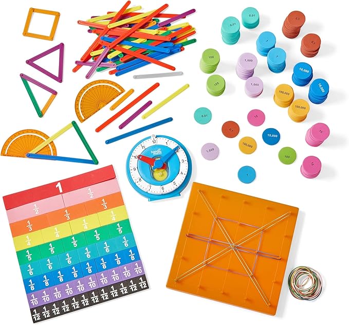 hand2mind Extended Manipulatives at Home Kit for Ages 8+, Math Manipulatives, Advanced Number Line Clock, AngLegs, Place Value Disks, Rainbow Fraction Tiles, Homeschool Curriculum Must Haves
