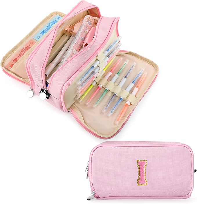 Extra Large Capacity Pencil Case 3 Compartment Initial Pencil Pouch Personalized Cute Aesthetic Stationery Pen Case Bag for School Teen Girl Boy Men Women Gift (I, Pink)