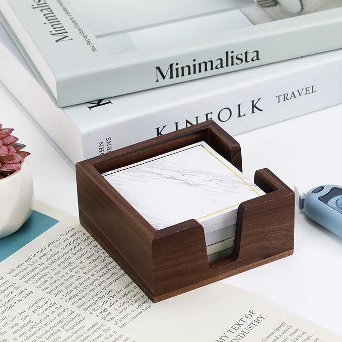 MultiBey Wooden Double Opening Sticky Note Holder, Black Walnut Self-Sticky Note Pads Holder, Wood Post it Note Dispenser Sticky Memo Holder Paper Dispenser Desk Accessory for Office Home