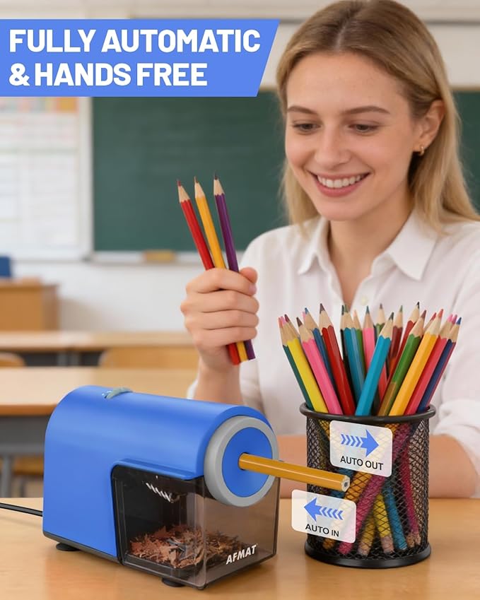 AFMAT Electric Pencil Sharpener, Fully Automatic Pencil Sharpener for 6.5-10.5mm No.2/Jumbo/Colored Pencils, Auto in & Out, 5 Sharpness Modes, 10000+ Sharpenings for Classroom Home Office, PSC5(120V)