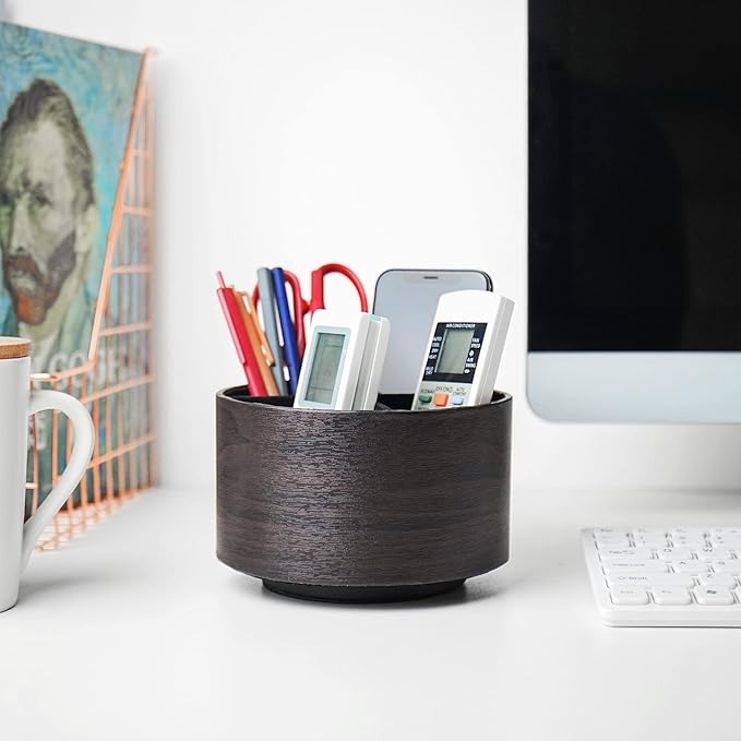 Round Leather Art Supply Organizer,Remote Control Holder,360 Degree Spinning,Multi-Functional Pencil Holder,4 Compartments Desktop Stationary Organizer(1-Dark Brown2)