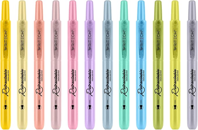 WRITECH Retractable Highlighters Bible Set: Pastel Colors Chisel Tip 12ct | Refillable Marker Pens No Bleed & Smear for Home School Office Highlighting Journaling Drawing Coloring Note-taking Writing