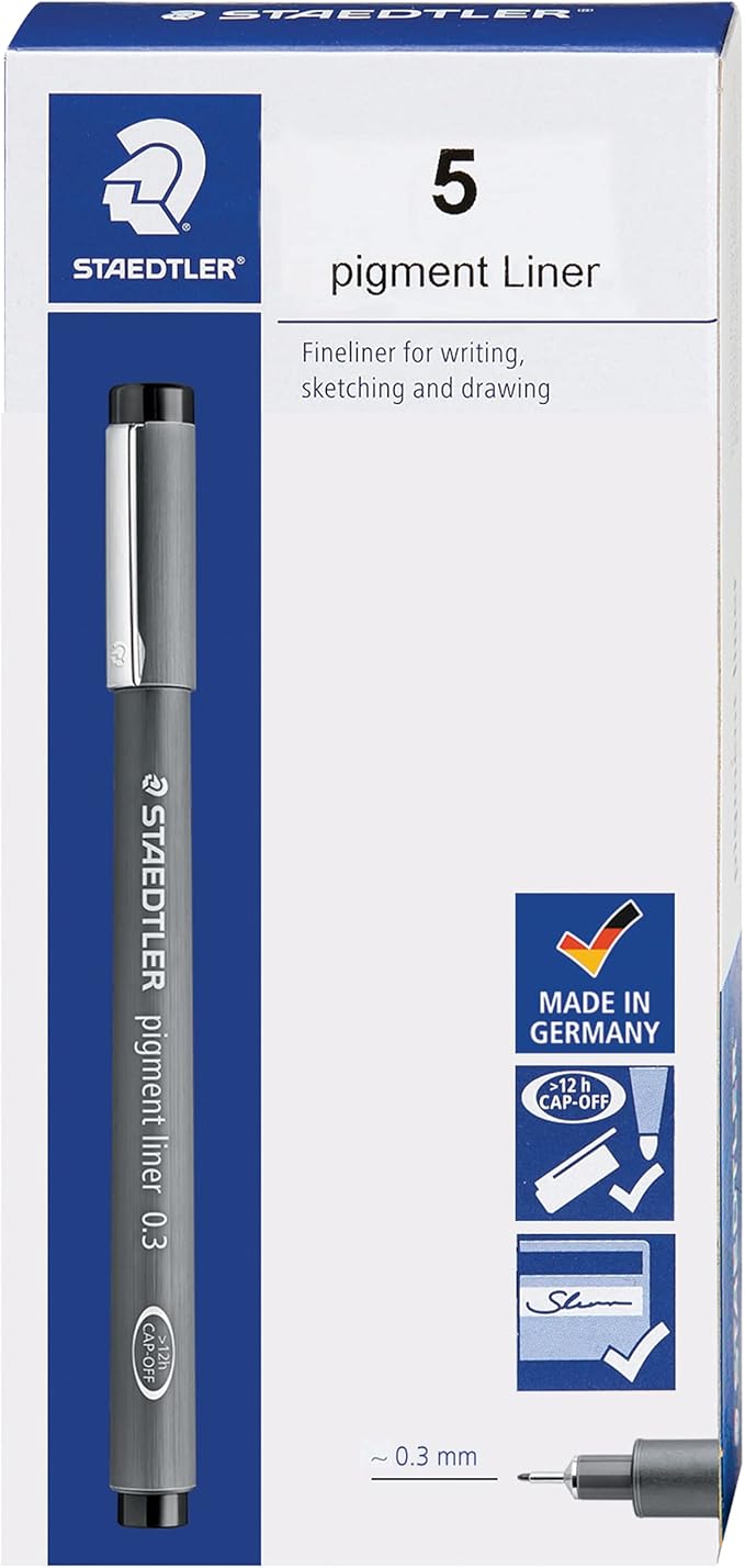 Staedtler Pigment Liner, Fineliner Pen for Drawing, Drafting, Journaling, 0.3mm, Black, Box of 5 Pens, 308 03-9M