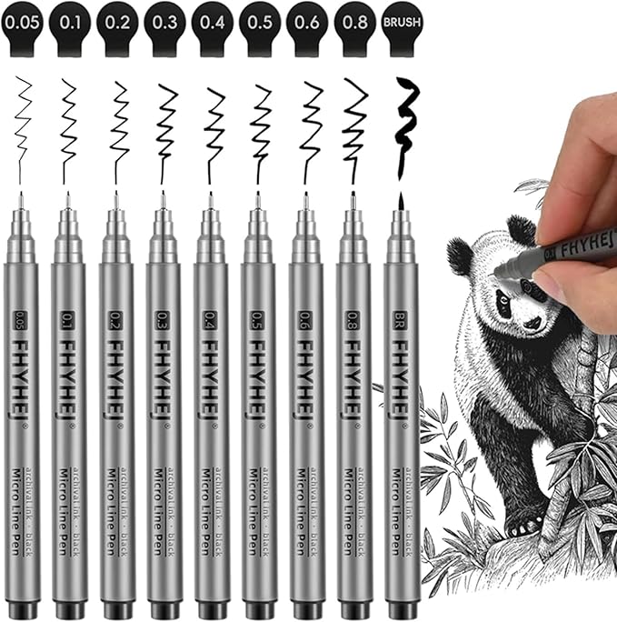 Micro Fineliner Drawing Art Pens: 9 Black Fine Line Ink Set Artist Supplies Archival Inking Markers Liner Professional Sketch Outline Anime Sketching Artist Illustration Watercolor