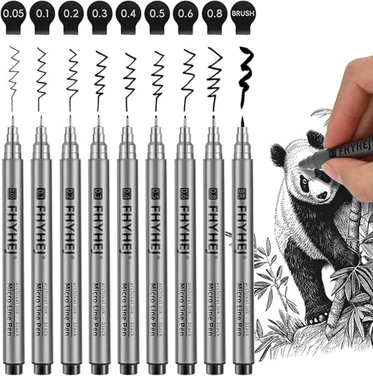 Micro Fineliner Drawing Art Pens: 9 Black Fine Line Ink Set Artist Supplies Archival Inking Markers Liner Professional Sketch Outline Anime Sketching Artist Illustration Watercolor