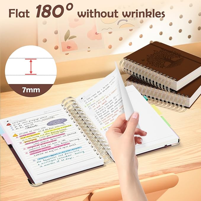 QIYVLOS Hardcover Spiral Notebook, B5 Journal with Removable Dividers Tabs, 5 Subject Notebook College Ruled, 320 Pages 8"x10" Leather Notebooks for Work School Study, Lined Journal for Women, Brown