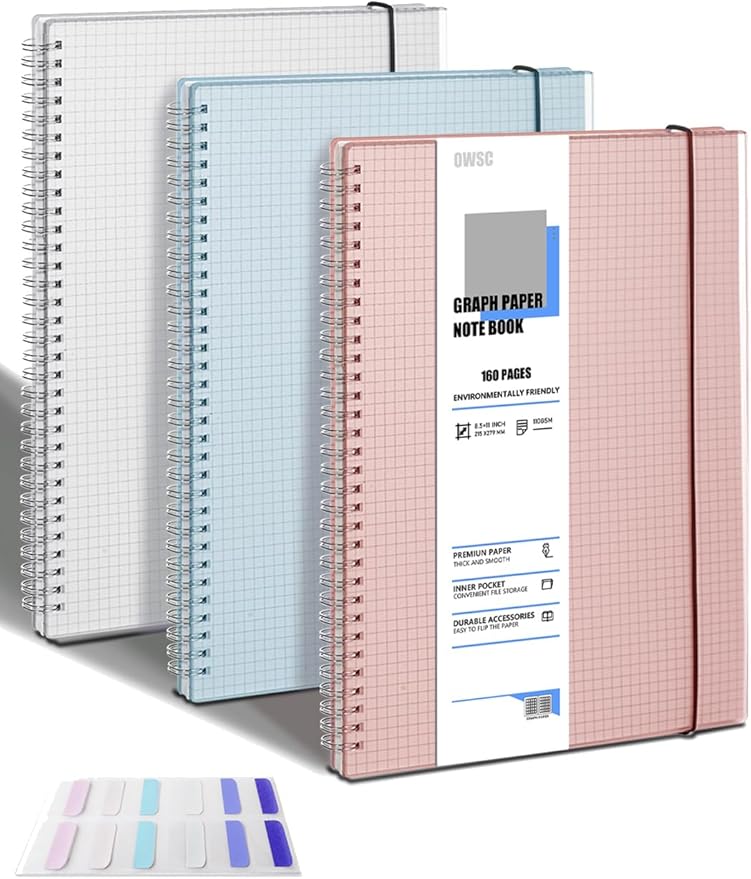OWSC 3 Pack Graph Notebook, 8.5 x 11 Inches Spiral Notebooks for Work, School and Journal with 110 GSM Graph Paper, Large Notebook with 80 Sheets/160 Pages, Hardcover Grid Paper Notebook