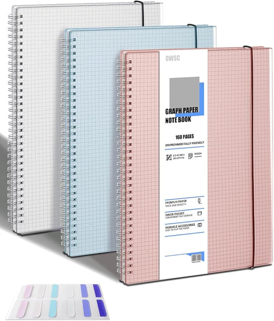 OWSC 3 Pack Graph Notebook, 8.5 x 11 Inches Spiral Notebooks for Work, School and Journal with 110 GSM Graph Paper, Large Notebook with 80 Sheets/160 Pages, Hardcover Grid Paper Notebook