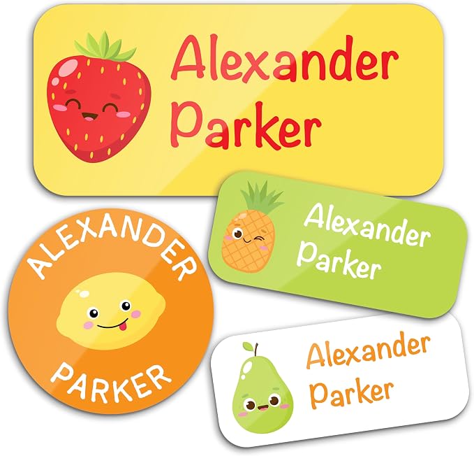 Personalized Waterproof Name Labels for Kids | Optional Packs 50, 150, 230 Labels | Custom Name Stickers for Kids' Clothing Tag, Water Bottle, Lunch Box, Customize Kid Name Label for Daycare Fruits