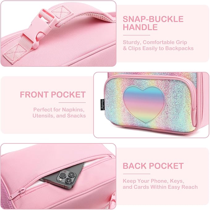 FlowFly Kids Lunch box Insulated Soft Bag Mini Cooler Back to School Thermal Meal Tote Kit for Girls, Boys,Glitter-RainBow