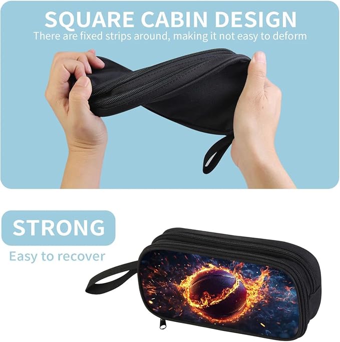 Firmiso Kids Pencil Case, Flaming Basketball Graphic, Large Capacity Double Zipper Pencil Pouch with Compartments, Durable Polyester School Supplies Organizer, Pen Bag for Boys Girls Students