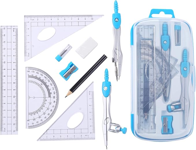 Unjoo Math Geometry Kit Sets 10 Piece Student Supplies with Shatterproof Storage Box,Includes Rulers,Protractor,Compass,Eraser,Pencil Sharpener,Lead Refills,Pencil,for Drafting and Drawings（Blue）