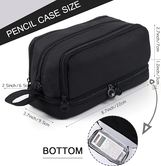 MAMUNU Large Capacity Pencil Case 4 Compartments, Pencil Pouch Bag with Zipper Portable Handle, Pen Case Bag Stationery Organizer for Office College School Adults Teen Girls Boys Men Women, Black