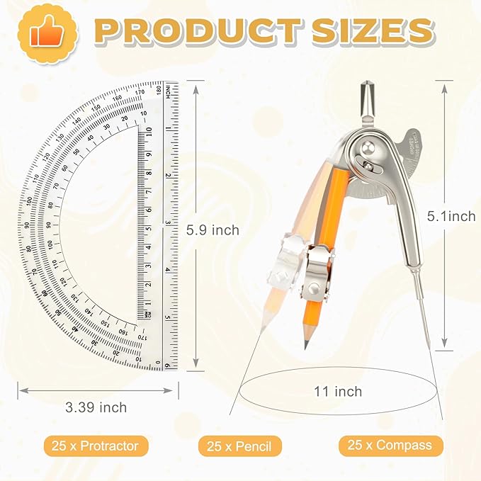 50 Pack Geometry Tool Set, Math Compass for Geometry and 6 Inch Protractor Set Include Metal Compass with Pencil and Clear Plastic Protractor for Student Classroom Office Woodworking Art Drawing