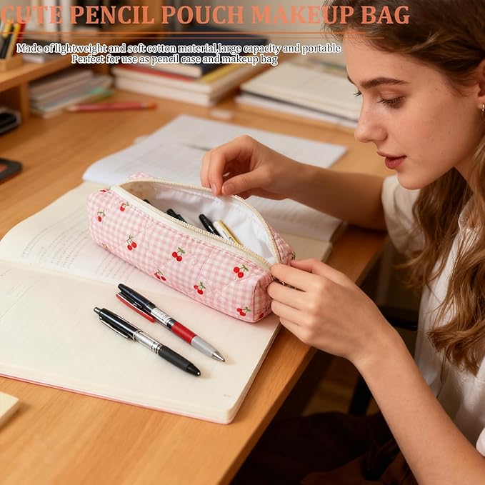 Pencil Pouch Cute Pencil Case Office Storage Bag Holder Box Organizer Aesthetic Bow Flower Pattern Makeup Pouch Cosmetic Bag for Women Girls (Pink plaid+Cherry)