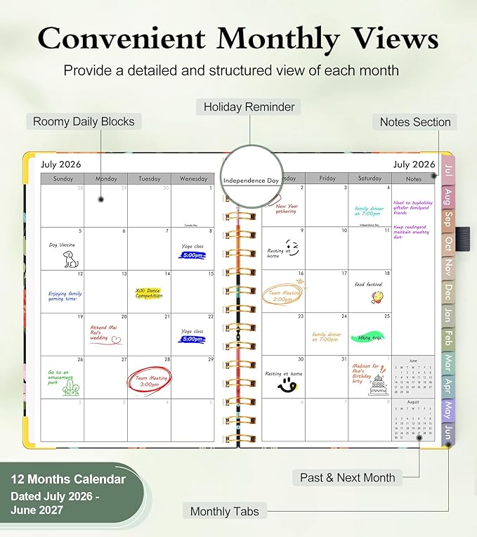Academic Planner 2026-2027, Hardcover Weekly and Monthly Calendar Planner from July 2026 - June 2027, Daily Agenda Planners with Tabs, College School Organizer for Student Teacher, A4 (8.5" x 11"), Blooming Wildly