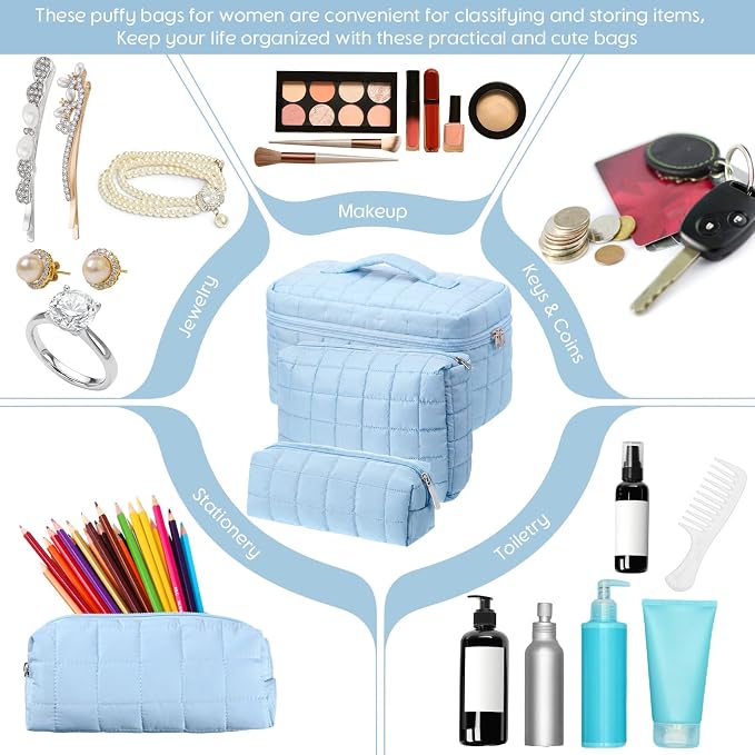 Huhumy 3 Pcs Large Puffy Makeup Bag Set Quilted Cosmetic Pouch for Women Cute Checkered Travel Toiletry Bag Puffer Makeup Organizer Purse Pouch Preppy Pencil Case with Zipper Valentine Gift(Blue)