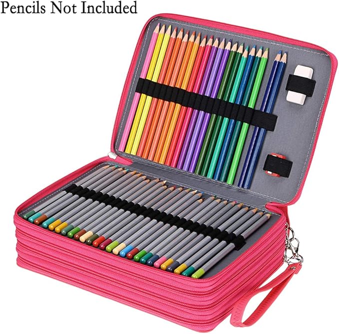 BTSKY 200 Slots Colored Pencil Organizer - Deluxe PU Leather Pencil Case Holder With Removal Handle Strap Pencil Box Large for Colored Pencils Watercolor Pencils (Pink)