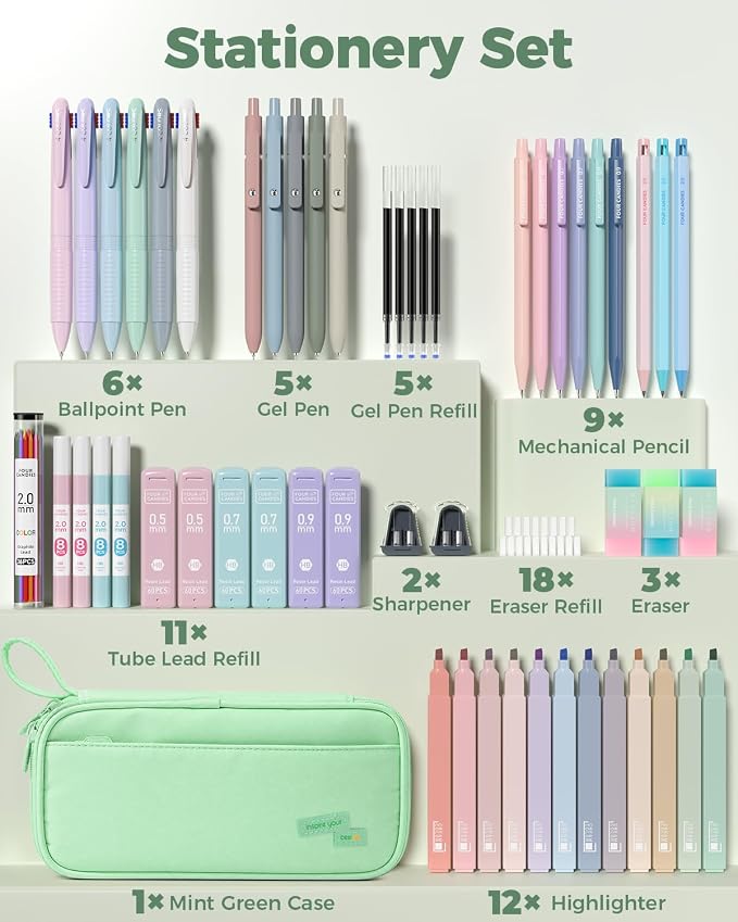 Four Candies 56 PCS Aesthetic School Supplies with Pencil Case (Mint Green) | 6 Multicolor Pens, 12 Pastel Highlighters, 5 Black Gel Pens, 9 Mechanical Pencils, Student Stationery Set College Essentials