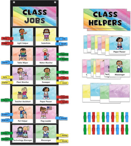 ABCxGOOD Class Jobs Pocket Chart Class Management Educational Pocket Chart Teacher's Helper, Preschool Classroom Must Haves Supplies, Great for Classroom Homeschool. (Black) (Black, 29.5"*10")