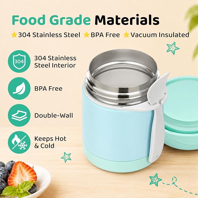 Pawtong10oz Soup Thermo for Hot Food Kids Insulated Food Jar,Thermo Hot Food Lunch Container, Width Mouth Stainless Steel Lunch Box for Kids with Spoon (Mint)