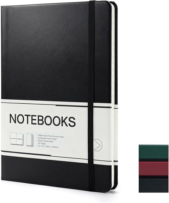 M&G Dotted Journal Notebook, 160 Pages, A5 Medium Size 5.6" x 8" for Men Women, 100GSM Thick College Ruled Paper Bullet Journal for Note Taking, Work & Office, Leather Hardcover, Black
