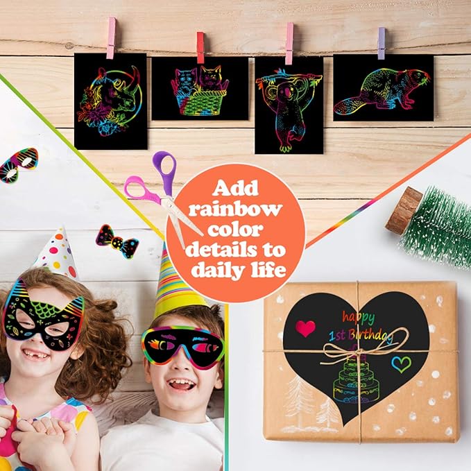 Mocoosy 3 Pack Rainbow Scratch Art Paper Notebooks, Spiral Bound Magic Scratch Pads for Kids Arts Crafts Supplies, Black Sketch Note Coloring Activity Book Travel Games Gifts for Girls Boys