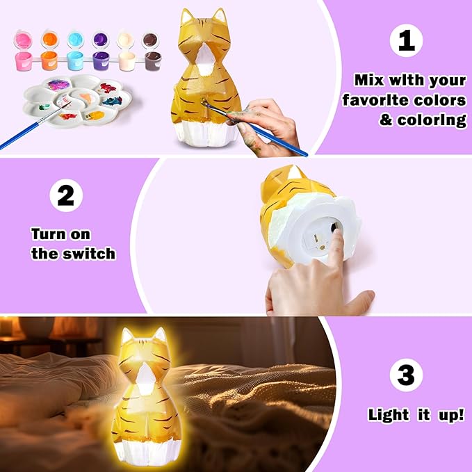 FUNZBO Paint Your Own Cat Lamp Kit - Arts and Crafts Supplies Kitten Painting for Kids Teens, DIY Night Light Toy for Girls Boys Age 3 4 5 6 7 8 9 10 11 12 13 Birthday Gifts