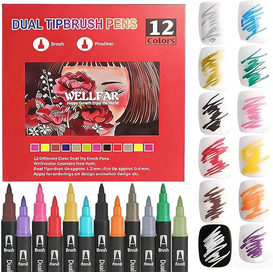 Dual Tip Markers for Adult Coloring Books No Bleeding – Gel Acrylic Paint (Fine & Brush) Pen for Drawing, Rock Painting, Journaling, Non Bleed Art Marker Pencil Set for Kids/Teens Washable. 12 Colors