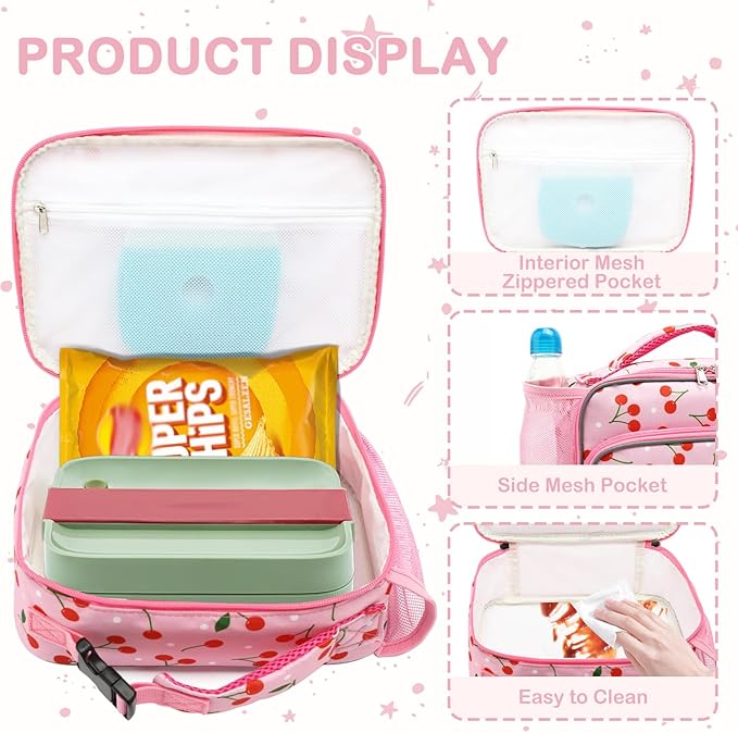 FlowFly Kids Lunch box Insulated Soft Bag Mini Cooler Back to School Thermal Meal Tote Kit for Girls, Boys,Cherry