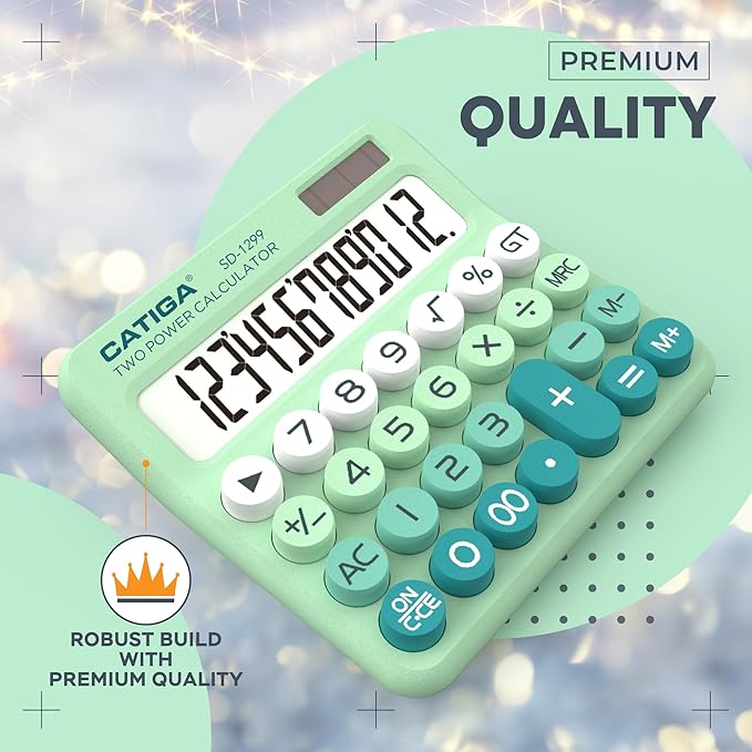 CATIGA Mechanical Switch Calculator with Solar and Battery Dual Power, 12-Digit Large LCD Display, Aesthetic and Cute Desktop Calculator with Big Button, for Home, School and Office Use, SD-1299